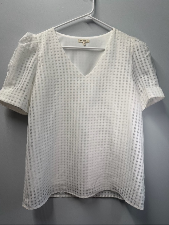 JODIFL Tops - JODIFL White Textured V-Neck Short Puff Sleeve Blouse Sheer Overlay Size Small